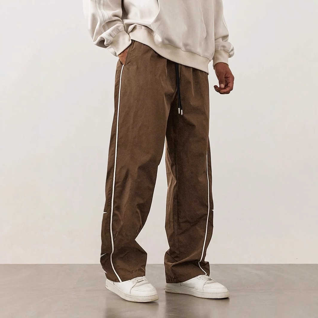 Casual 2025 Mens Japanese style Trendy Loose Simple Basic Wide Leg Straight Embroidered Drawstring Trousers Male Clothes Pants D260916