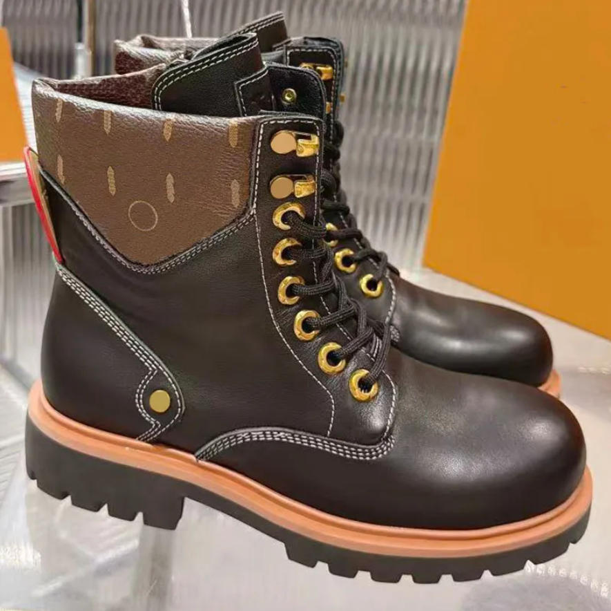 Remix Combat Boot Designer Mens Womens Spliced Printed High Top Boots With Gold Metal Eyelets Thick Tooth Pattern Thick Sole Retro Unisex Workwear B