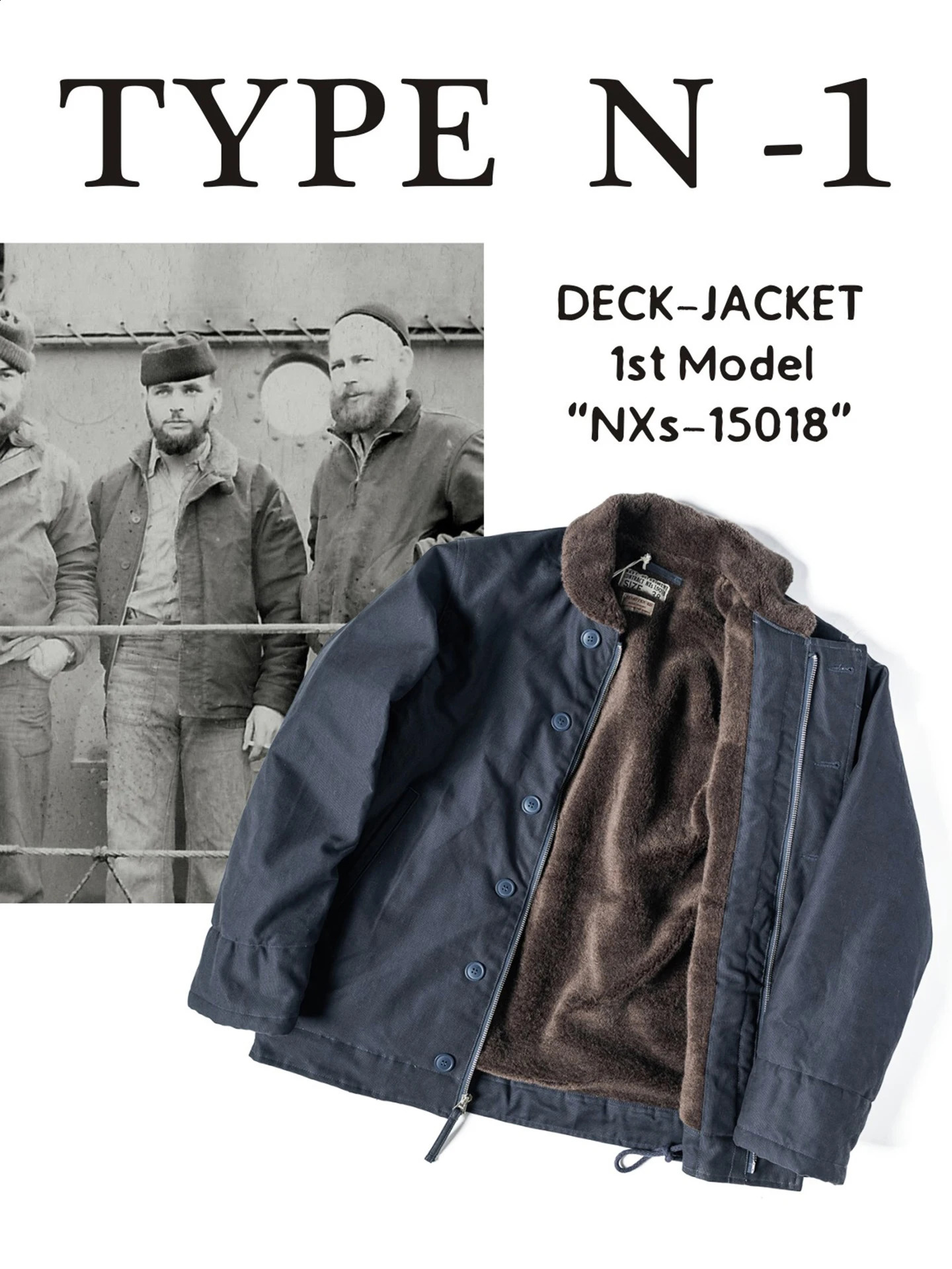 Rugged Bronson 1st Model USN N-1 Deck Jacket Vintage Military Repro Winter Men's Wool Lined Warm Coat Blue 260916
