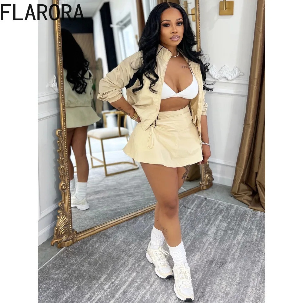 FLARORA Trend Color Blocking 2 Piece Sets Woman Casual Full Sleeve Zip Crop Jacket And Shirring Shorts Skirt Street Tracksuits 260916