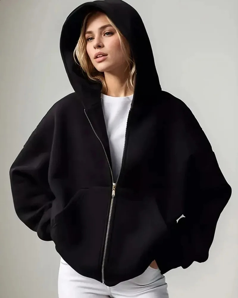 2026 Women Solid Full Zip Up Hoodie Casual Loose Pocket Hooded Jacket Soft Long Sleeve Sweatshirt Autumn Winter Couple Outerwear 260916