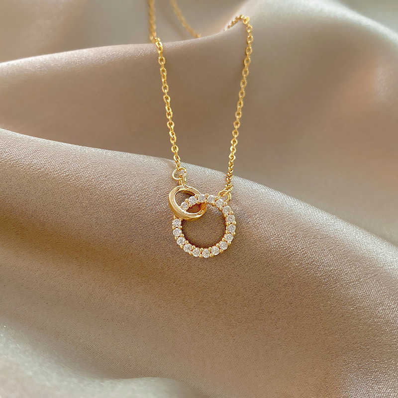 Color Personality Gold Stainless Steel Zircon Double Ring Pendant Necklaces for Women Charm Bride Collar Korea Jewelry ColorfastT260916