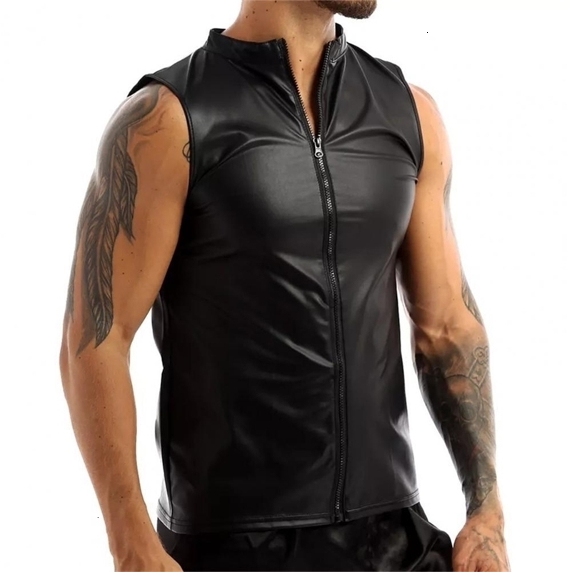 Sleeveless Men Summer Vest Leather Black Slim Zipper Cardigan Solid Color Plus Size Tank Tops Party 260915