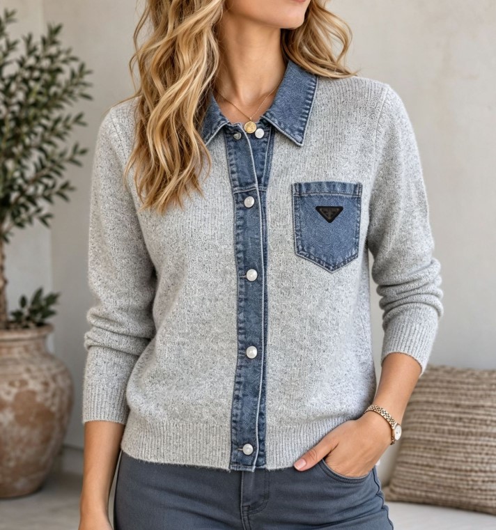 Chandails pour femmes de luxe PoIol col épissé denim tricot cardigan designer pull femme lâche mode veste haut