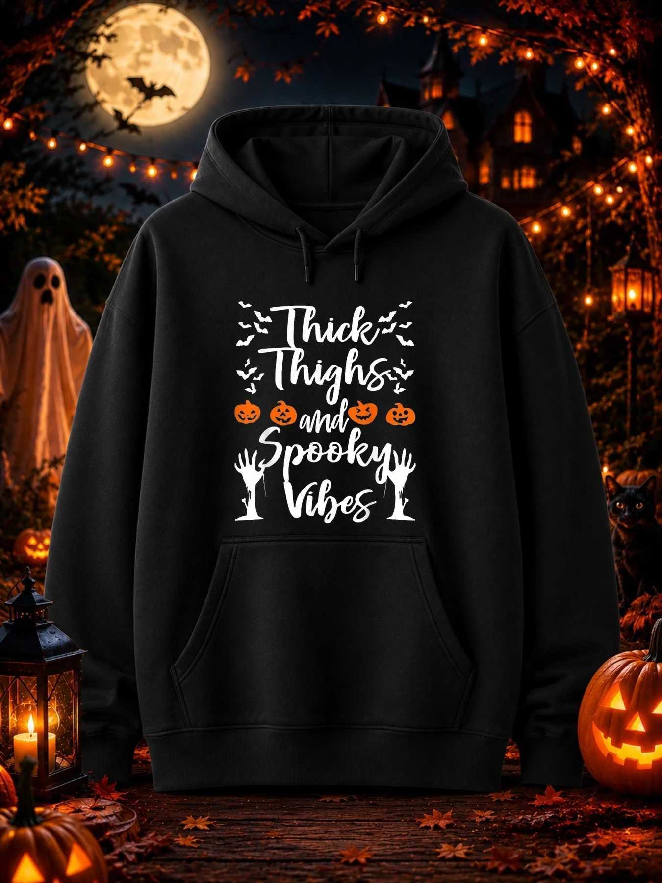 And Thighs Mens Spooky Thick Pullover Hoodie Funny Halloween Slogan Pumpkin Bat Zombie Hands Graphic Hooded Sweatshirt Kangaroo Pocket Loose Fit Hal