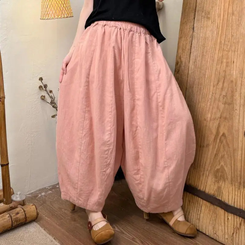 2025 Spring Summer Women Elastic Waist Loose Ankle-length Pants All-matched Casual Cotton Linen Wide Leg Pants Good Quality TH09 260916
