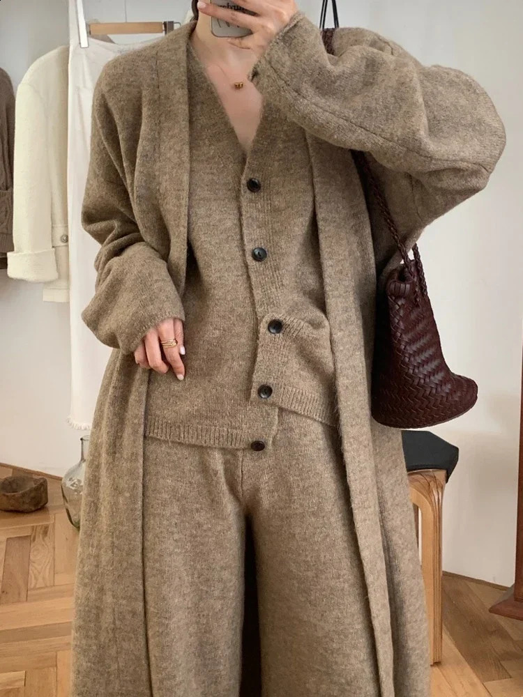 Thick Knited 3 Piece Sets Elegant Women Long Sleeve Sweater CoatSingle Breasted Knit VestTrousers Autumn Winter 260916