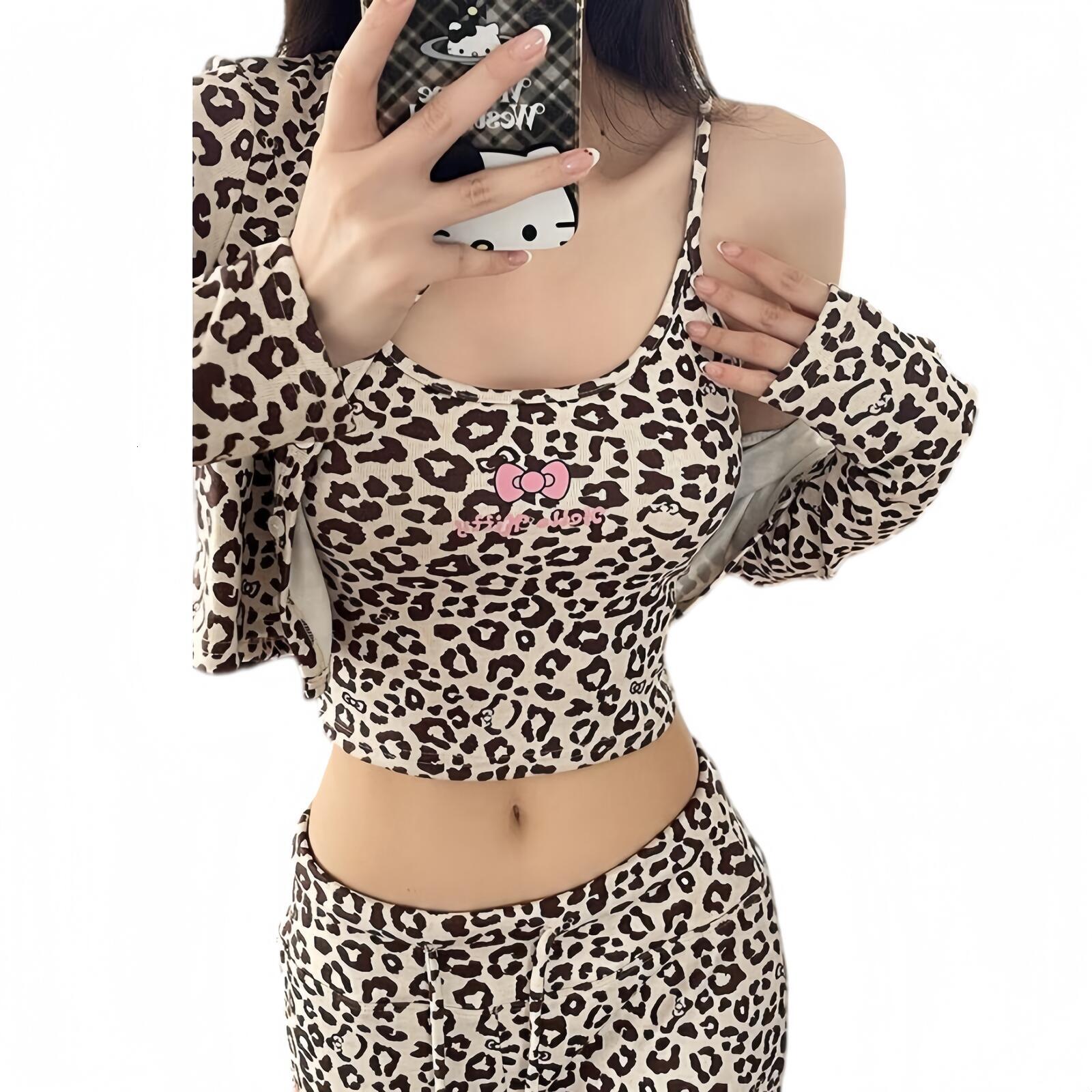 Womens Suit Three Piece Leopard Print Waist Revealing Camisole Long Sleeved Cardigan And Floor Length Pants Three Piece Set Leisure Style Autumn Clo