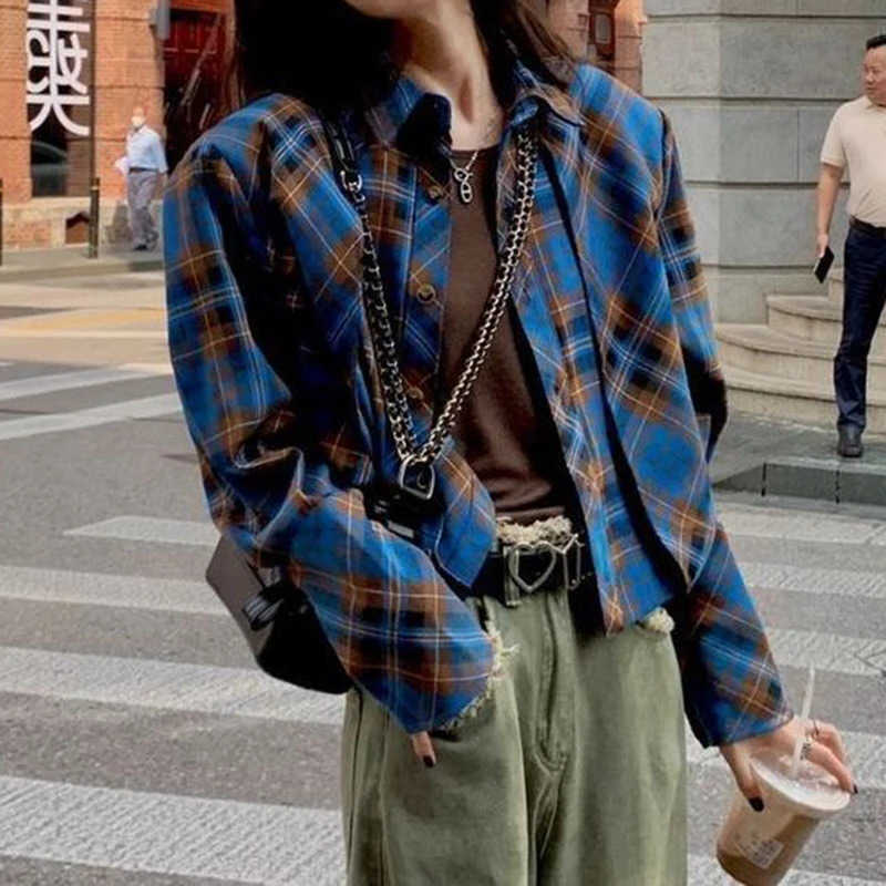 Autumn Women's Spring 2026 Retro Blue Plaid Short Cropped Shirt Jacket Small Batch DesignT260916