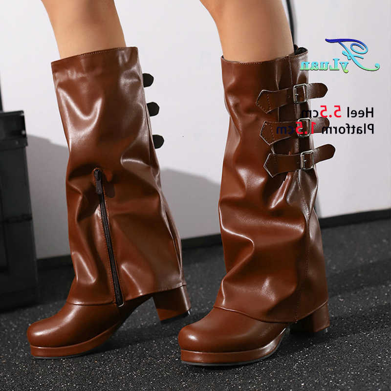 Calf Yellow Mid Belt Boots 5.5CM Block Heel Women Platform Winter Shoes Big Size 46 47 48 Western Turned-Over Edge Boots D260916