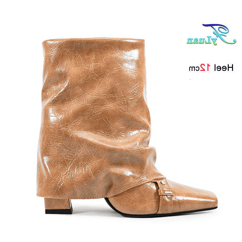 Heel Woman Spring 12CM Thick Square Toe Mid Calf Boots Western style Shoes Belt Turned-Over Edge Knight Boots For Women D260916