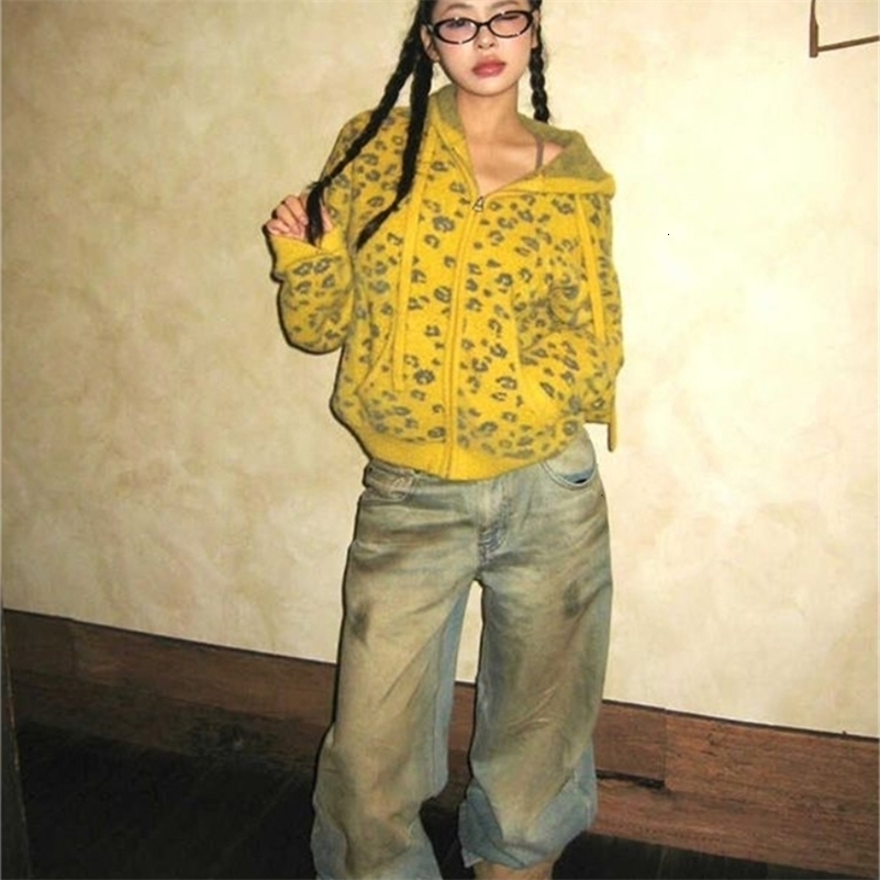 Korean Grunge Leopard Hooded Coat Vintage Harajuku Loose Sweaters Casual Knitted Women Cardigans Y2k Aesthetic Female 260915