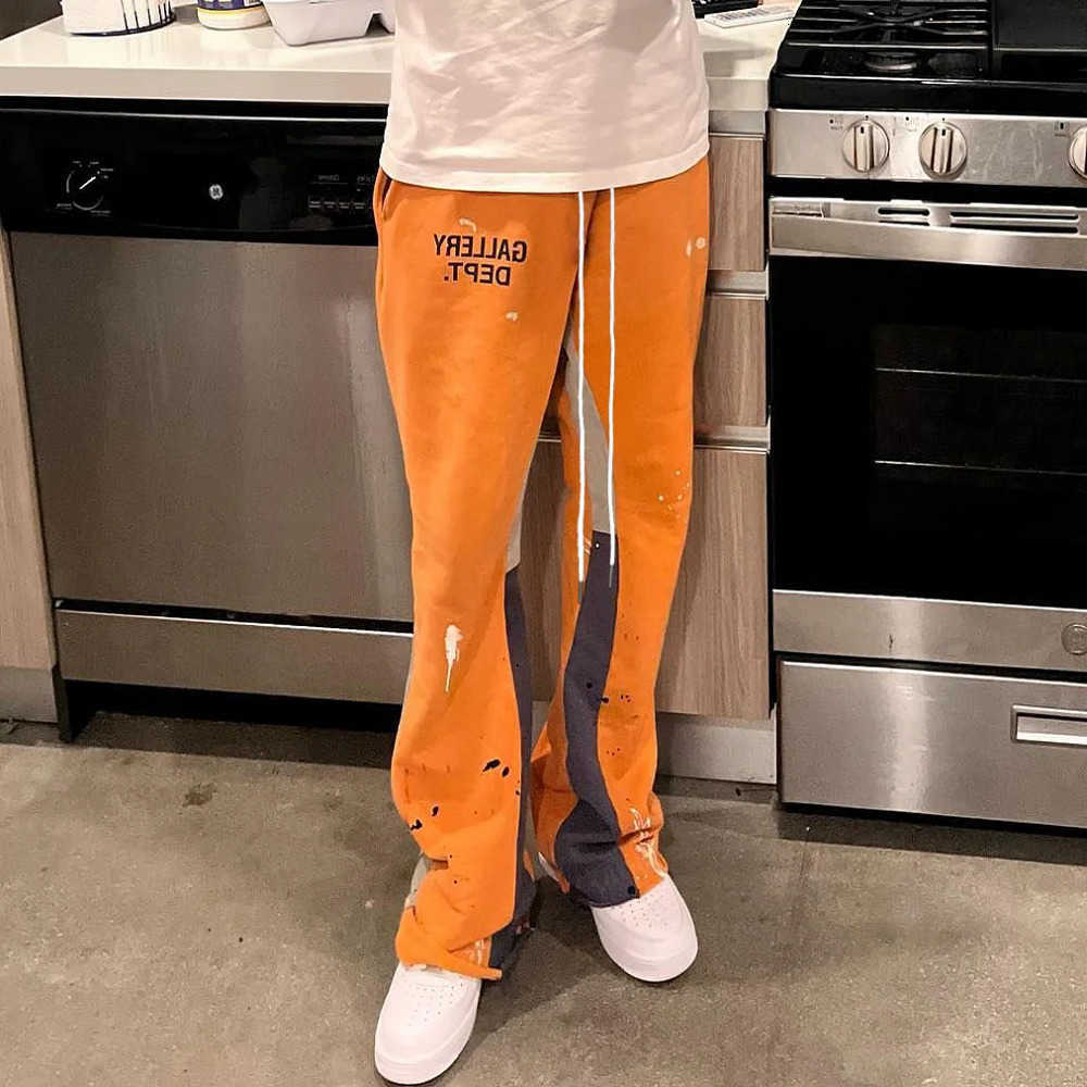 Long Y2K Hip Hop Flared Pants Orange Splash Ink Letter Graphic Stitching Trousers Elastic Waist Pants Unisex Summer Bottoms D260916