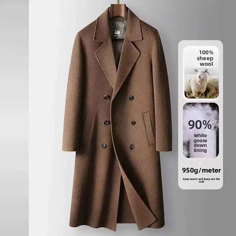 Autumn/Winter Men's 100% Wool Coat Knee length Double breasted Goose Down Inner Tank Thickened for Warmth 260916