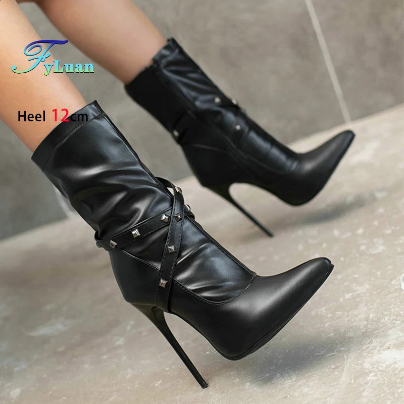 12CM Ultra High Heel Pointed Toe Stiletto Boots Women Ankle Fashion Rivet Band T Show Short Booties Winter Female Shoes 260916