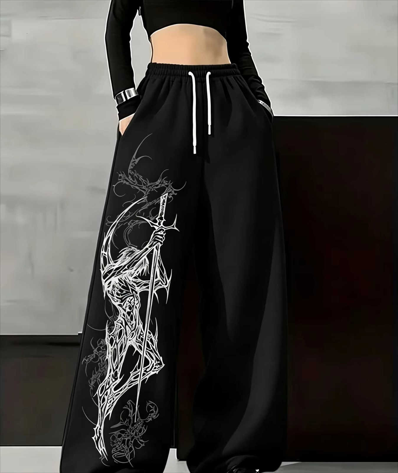 Gothic 2026 Fashion New Men's Skeleton Falling Angel Printed Straight Tube Sports Pants Street Wear Pure Cotton Casual Pants D260916