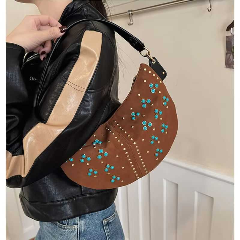 Bags Bohemian Moon Slim Half For Women Designer Handbags Purse 2025 New In Faux Suede Vintage Pearl Armpit Shoulder H260916