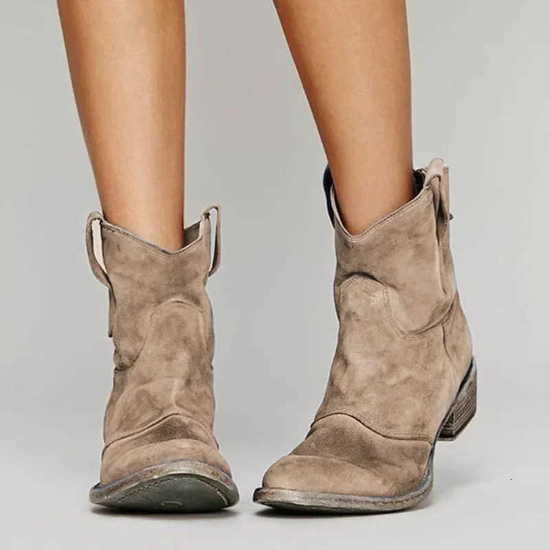 for Vintage Boots Ankle Women Pointed Toe Low Heels Western Botas Female Autumn Winter Slip on PU Leather Booties 2024 D260916