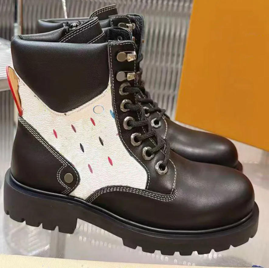 Mens Womens Remix Combat Boot Designer Black Calf Leather Martens Boots 1AIZKK Couple Patchwork Ankle Boots Laces Platform Non Slip Outsole Sizes 35