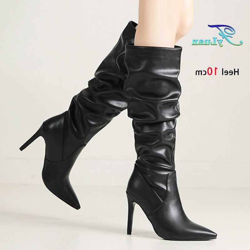 For Spring Autumn Long Boots Women Thin High Heels 10CM fashion Pleated Knee High Boots Trend 10CM Outdoors Female Shoes Size 43 D260916