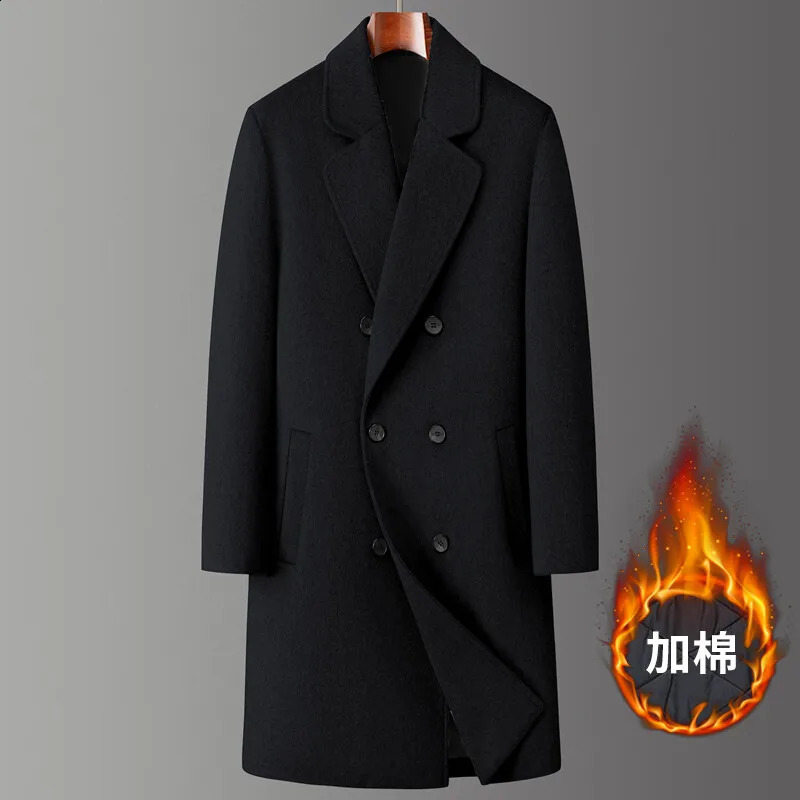 Winter Men's Medium to Long Woolen Coat with Thick Velvet and Warm Double breasted Casual Coat 260916