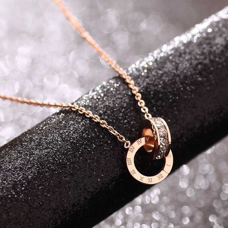 new stainless L91 steel rose gold square diamond Roman numeral double-buckle short necklaceT260916