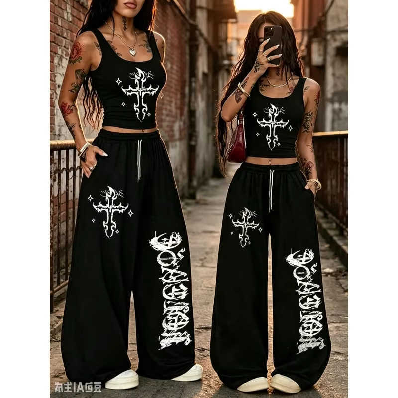 Summer New Trendy American 2026 Gothic Cross Sweatpants Quick Drying Elastic Waist Wide Leg Trousers for Women Y2K D260916