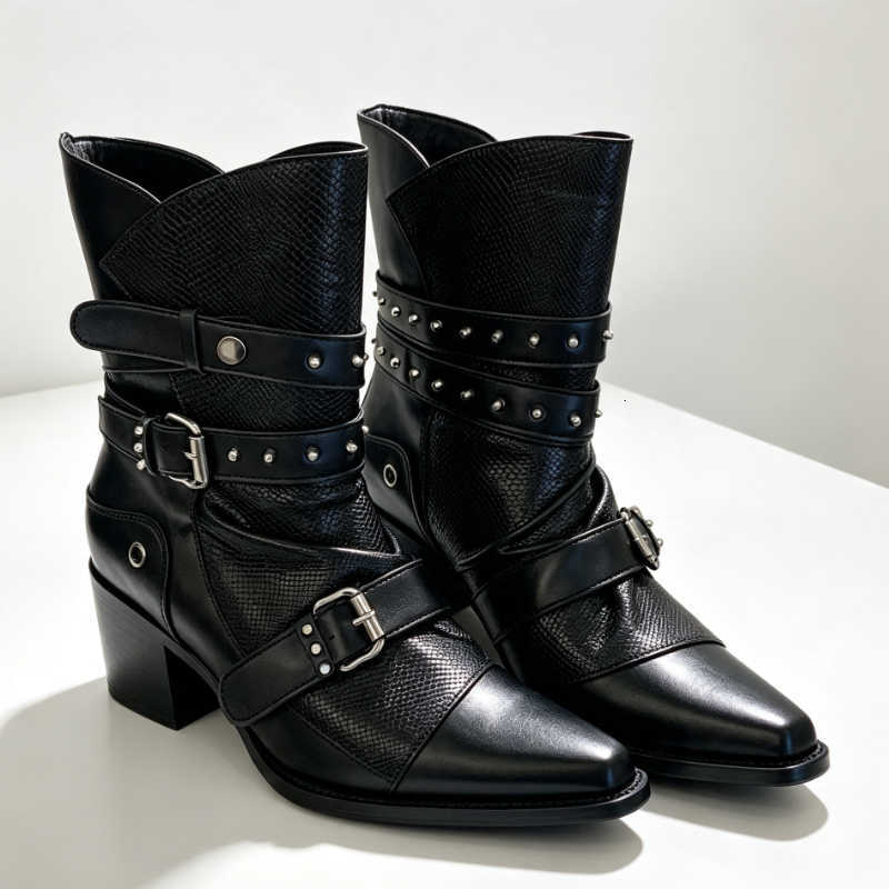 Punk Decoration Style Chunky Heel Ankle Boots for Women Designer Mid Calf Autumn Street Style Knight Boots D260916