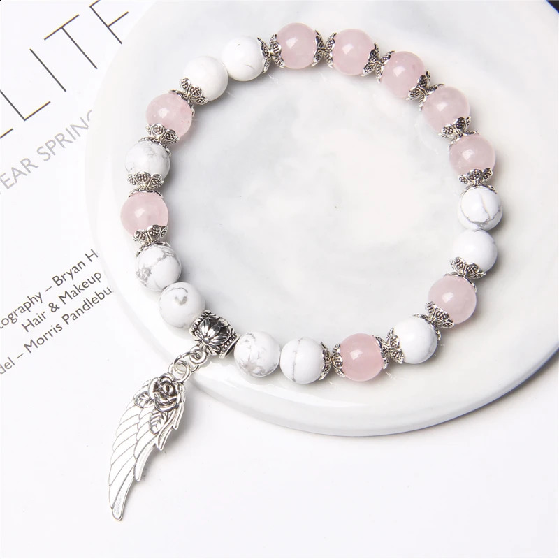 Handmade Silver Color Rose Angel Wing Pendant Bracelet Natural Pink Quartz Crystal Beads Charm Bracelet Women Romantic Jewelry 260916
