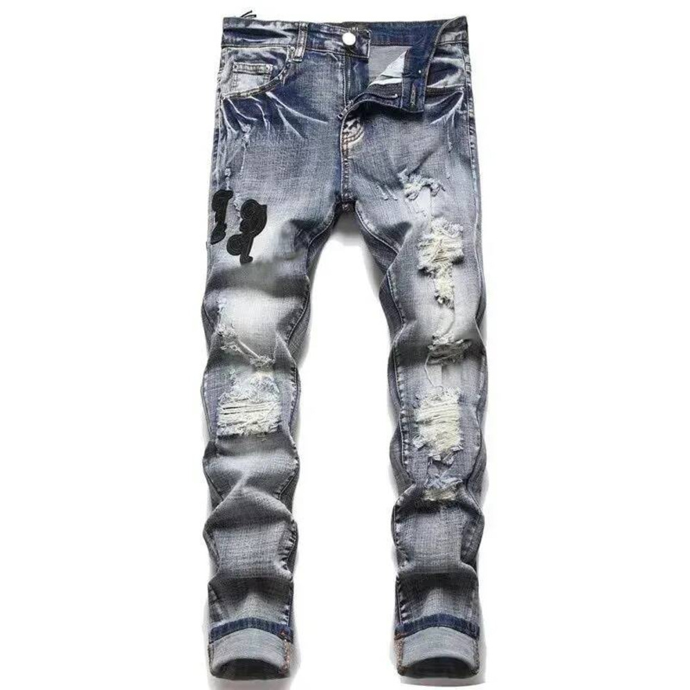 AM Shirts Men's Designer Jeans High Quality Streetwear Embroidered Pants Women's Ripped Patch Hole Denim Fashion Brand Slim Fit 77A