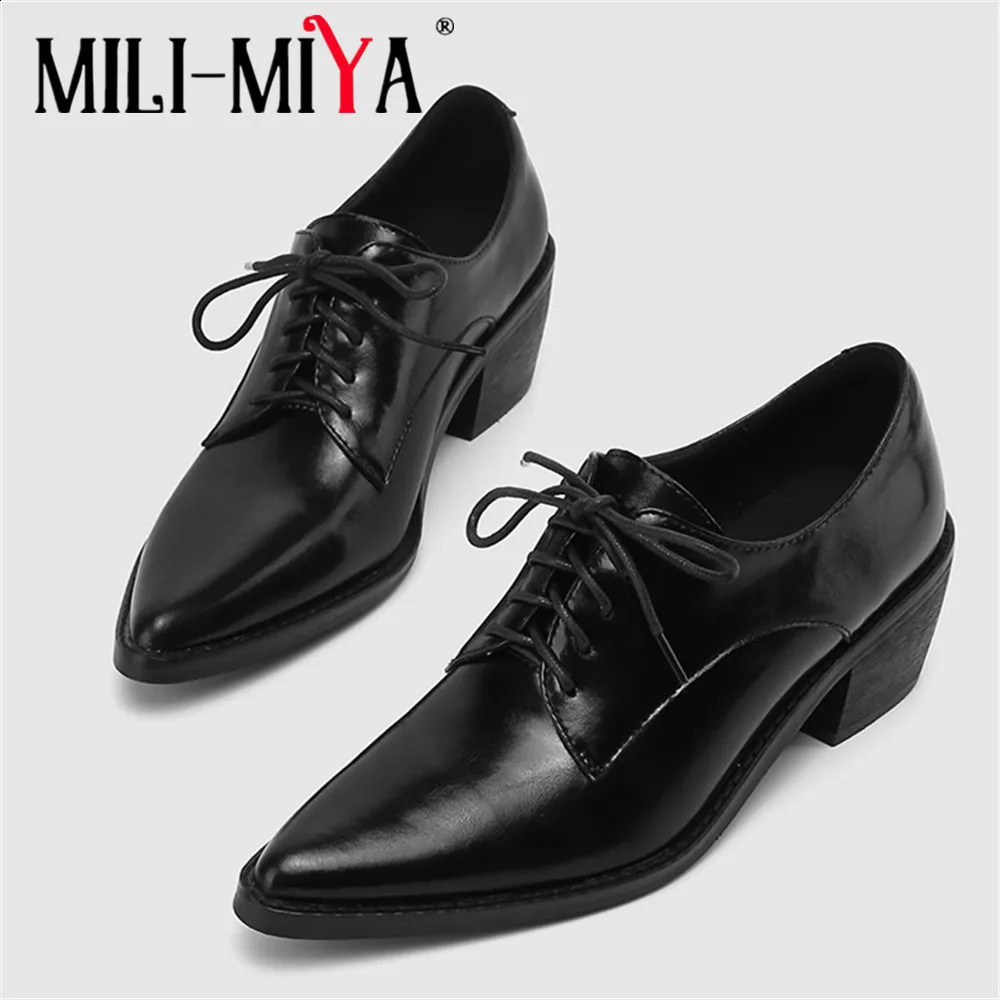 MILI-MIYA Mid Heels Autumn Woman Work Office Shoes Soft Genuine Leather Thick Heel Fashion Pointed Toe Lace Up Pumps Black 260916