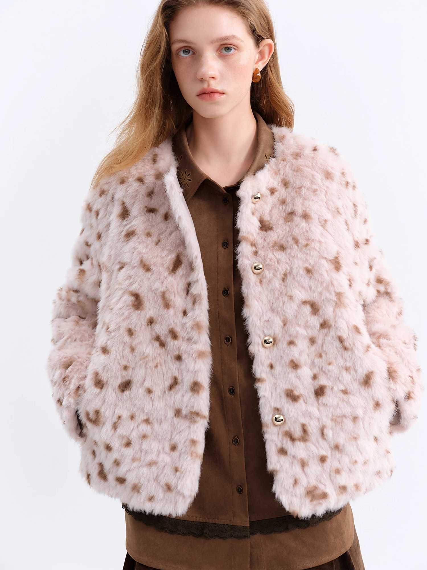 Women's faux fur coat Print FSLE Leopard Chestnut Brown Women Faux Fur Stylish A-Line Trench Coat Fall Winter 2025 New Arrival Cozy Winter M260