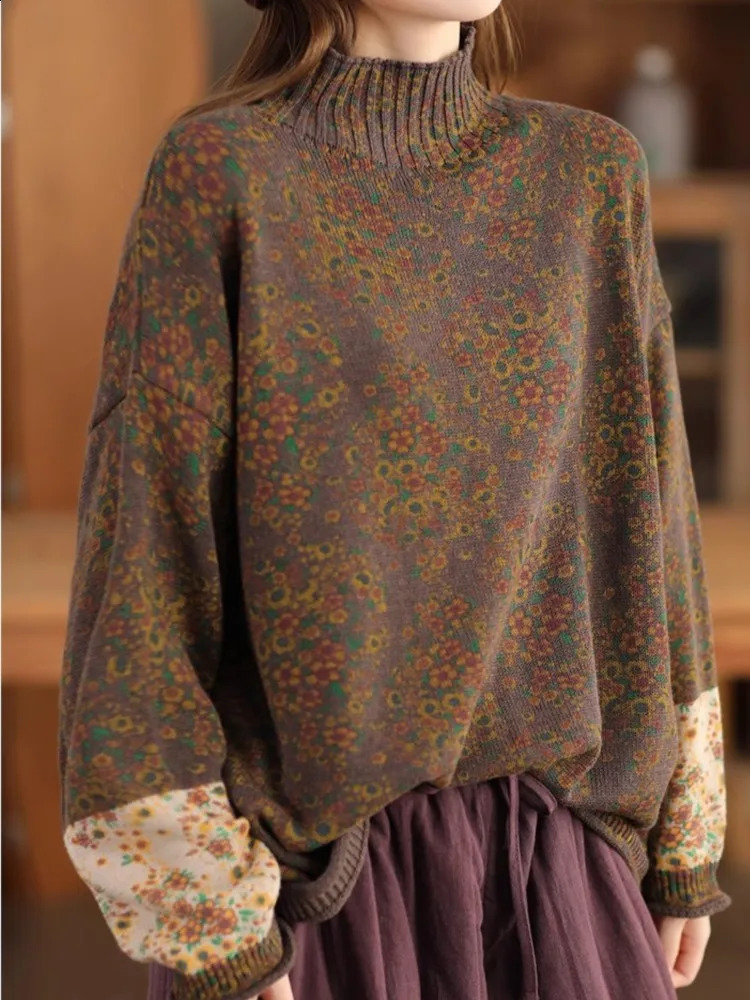 Johnature Women Pullover Sweaters Mock Neck Long Sleeve Patchwork Print Floral Spring Knitted Cotton Women Sweaters 260916
