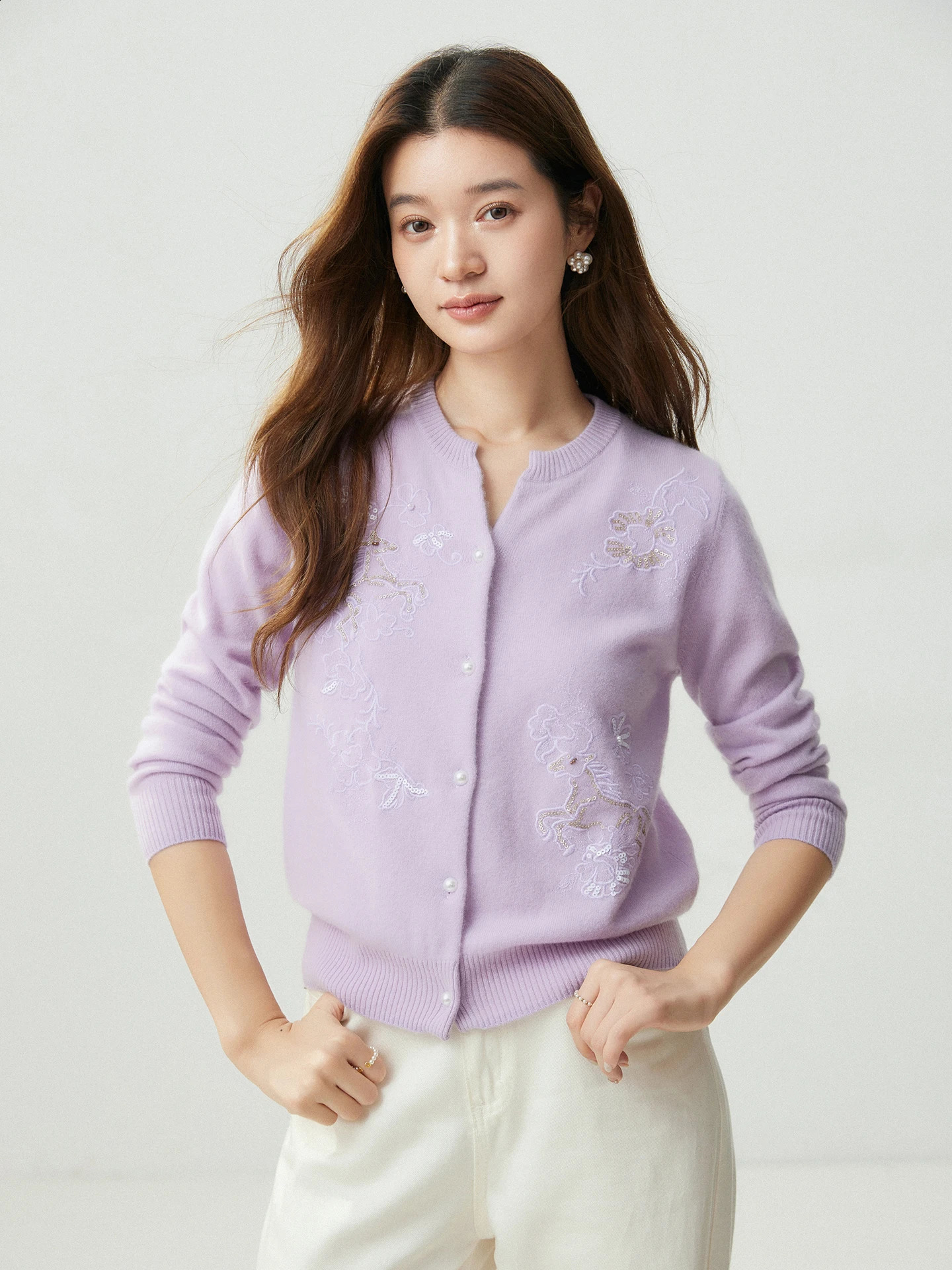 Delicate Notched Collar Autumn Winter Woman 100 Cashmere MockNeck Cardigan Knitwear Pearl Buttons Long Sleeve Ribbed Hem Tops 260915