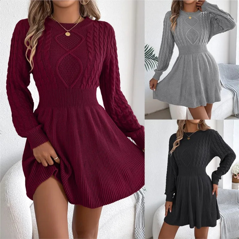 Autumn And Winter Europe And America Solid Color Fried Dough Twists Waist Lantern Long Sleeve Wool Dress A-line Dress 260916