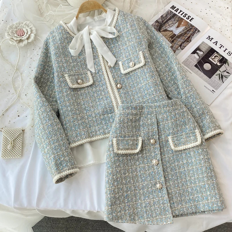 2026 Autumn 2 Pieces Set Elegant Fashion Vintage Plaid Tweed Long Sleeve Jackets Coat Irregular A-Line Mini Skirts Femame Suit 260916