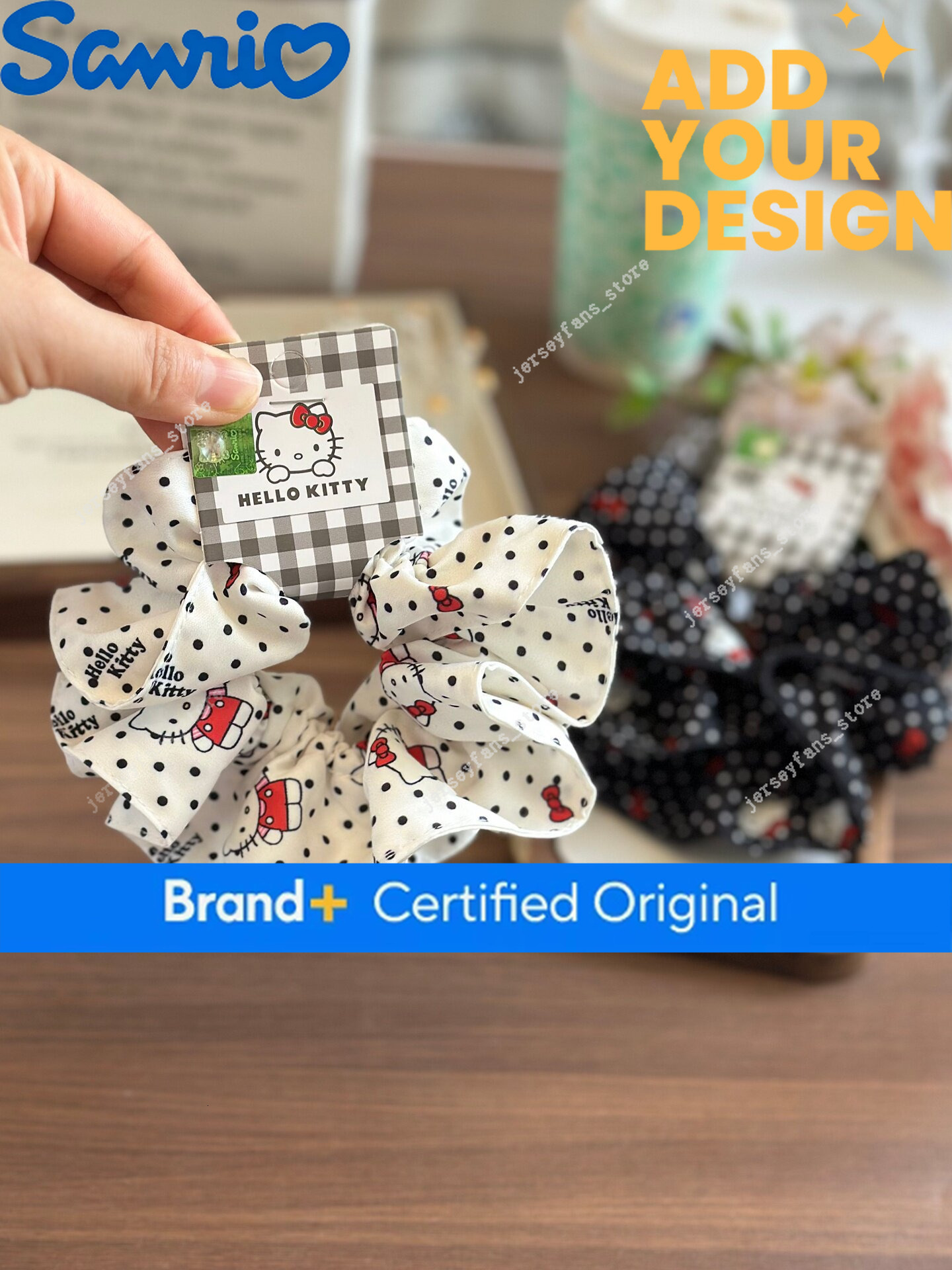 Authentic Hello Kitty Black White Polka Dot Scrunchie Fabric Tie for Girls, Japanese and Korean Style Accessory, Gentle Hair Ornament fc
