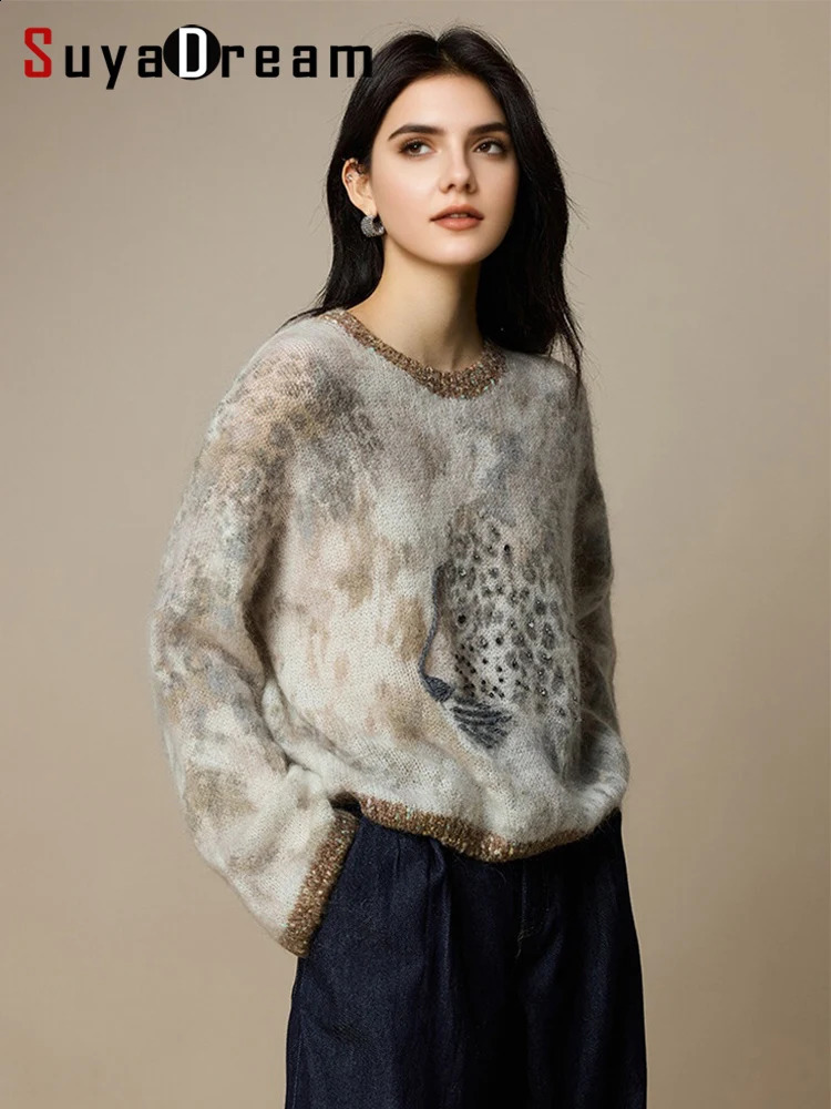 SuyaDream Woman Mohair Pullovers Wool Blend Printed Sweaters Round Collar Fall Winter Fashionable Top Cat Pattern 260916
