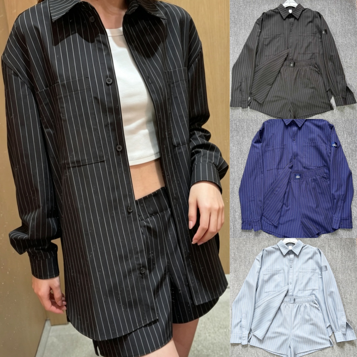 2934A Chemise ample décontractée à manches longues pour femme avec fines rayures, t-shirt chic à manches longues, short polyvalent à rayures ampl