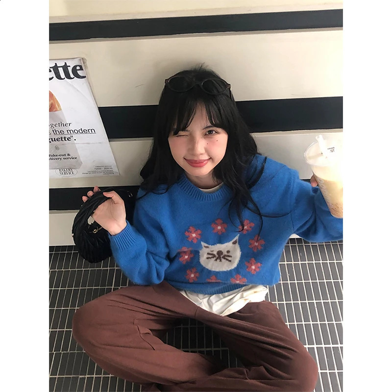 Harajuku Cartoon Sweater Women Fashion Cropped Floral Print Knitted Pullovers Korean Long Sleeve Knitwears Winter Casual Jumpers 260916