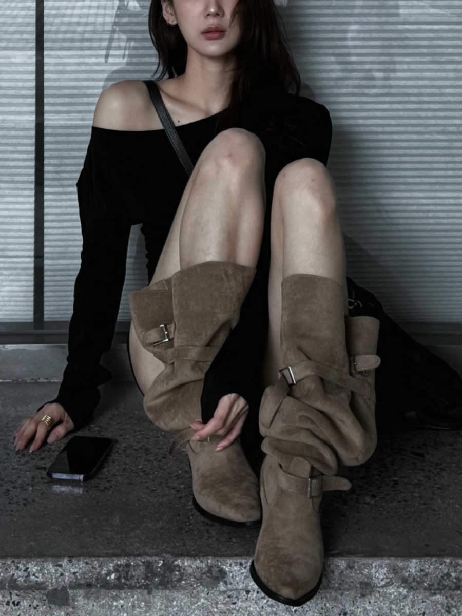 fashion Knee-high Velvet Booties Women's Boots Spring Summer Autumn High-tube Spicy Thick Heel Slimming Booties D260916