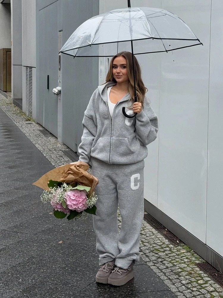 Knitted Women's Pant Sets Hooded Long Sleeve Dropped Shoulder Zipper Female Jacket Solid Elastic Waist Straight Pants For Ladies 260916