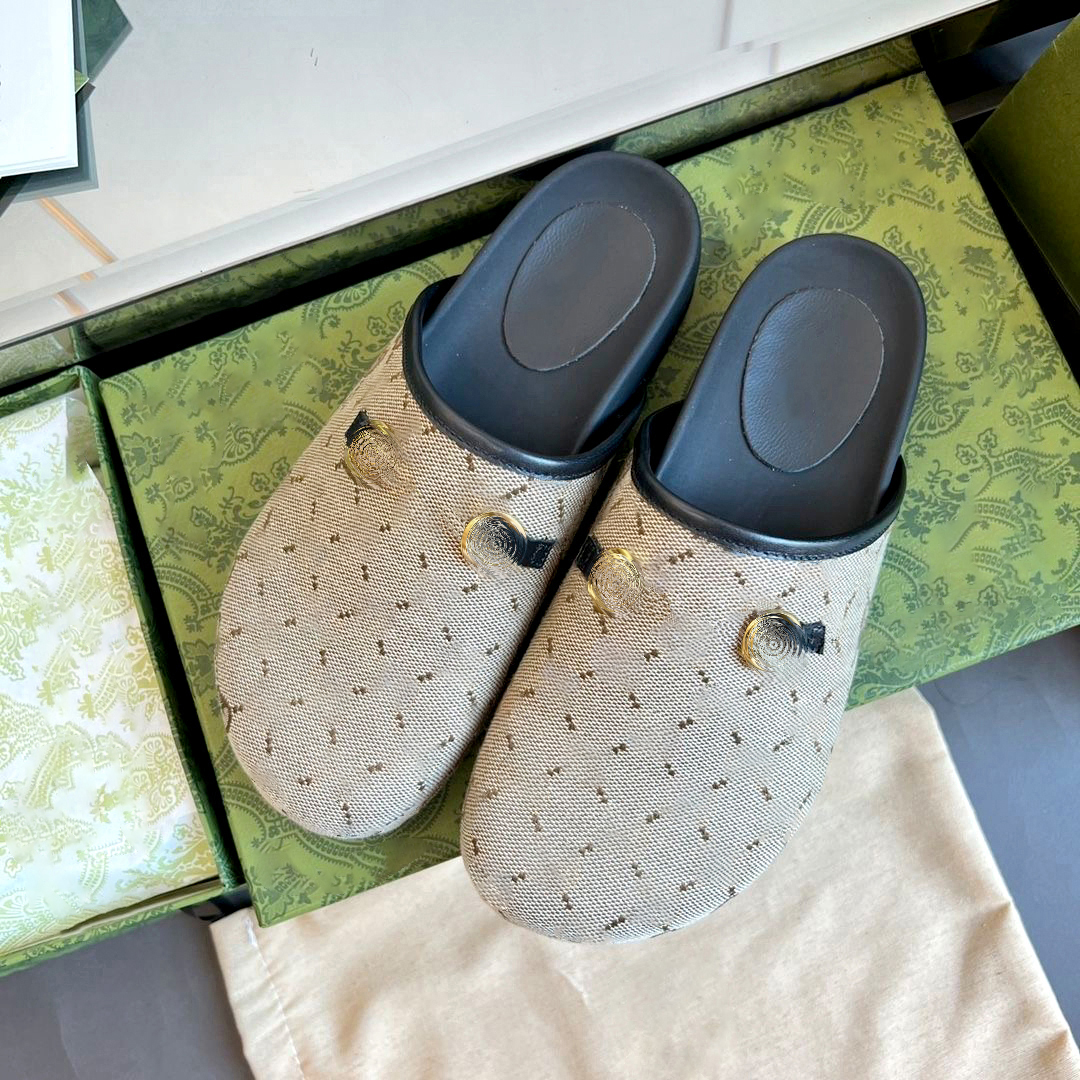 Flat Half Slippers Indoor Home Mule Jacquard Outdoor Casual Shoes Women Fashion Vintage sandal Metal Buckle Top quality luxurys Designer slide Canva