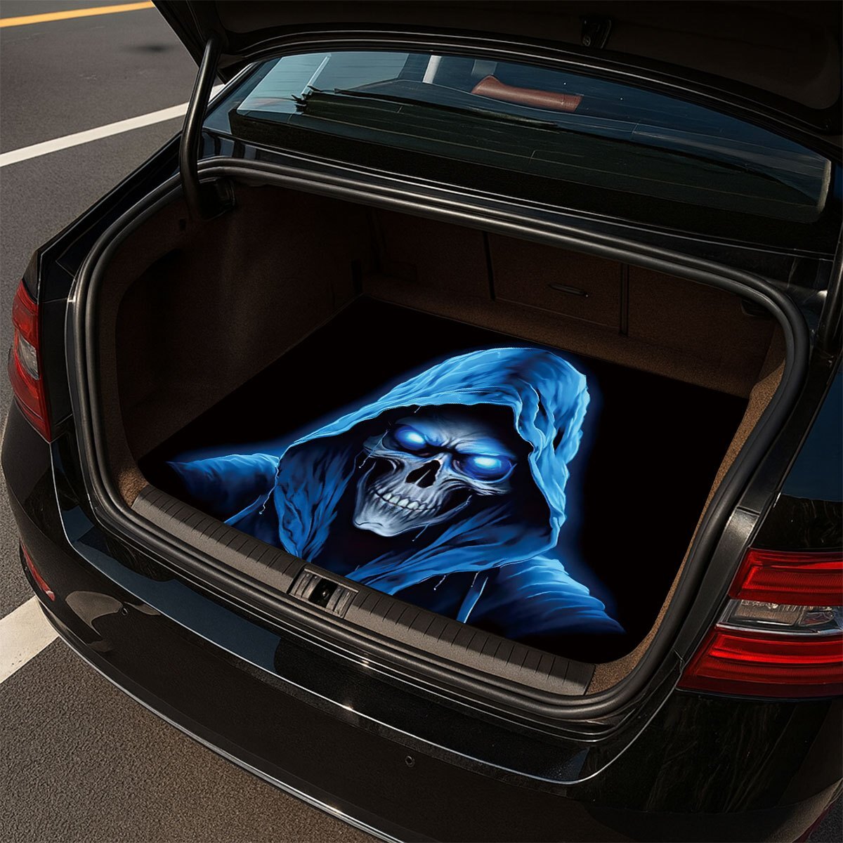 1Pc Fit Anti-Slip Car Mat Suitable For Storage & Decoration, Blue Skull Hooded Design Trunk - Durable Liner, Dark Gothic A