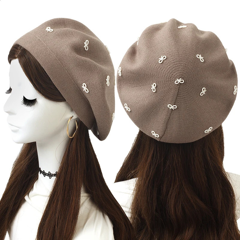 Women Coloured Pearl Bow Cashmere Berets Hat Fashion Solid Color Knitted Casual Berets Ladies French Artist Plain Beanie Cap 260916