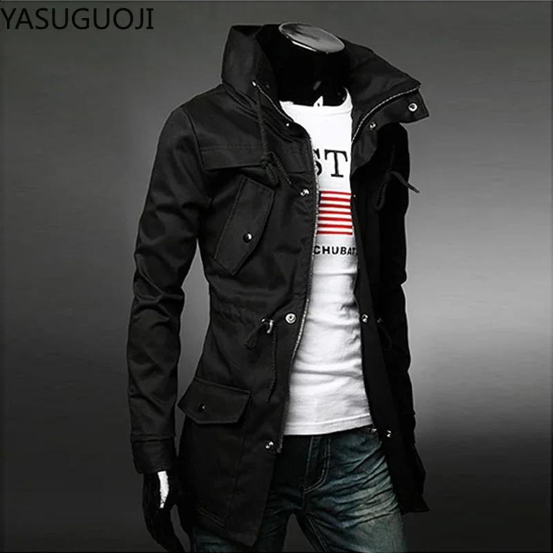 YASUGUOJI Men's Trench Coats Outerwear Military Cargo Jacket Men Windbreakers Male Classic Slim Fit Trench Coat Man 260916