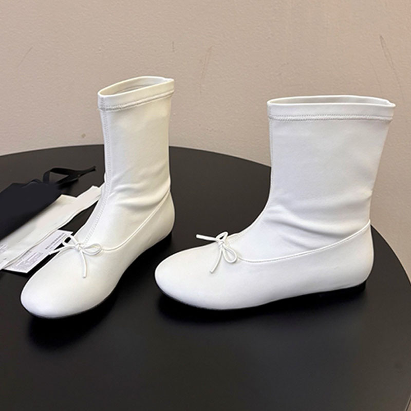 Lady Fall Winter Ballet Bow short boots Contemporary character Round Toe Flat Stretch Fabric boots Women Daily Casual Stretch Slim Mid Calf Booties