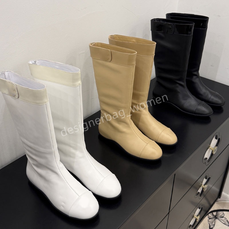 boots Designer Women flat knee long boot Classic fashion boots round toe high boots Autumn Metal Buckle Knight Boot top quality leather flat sildes