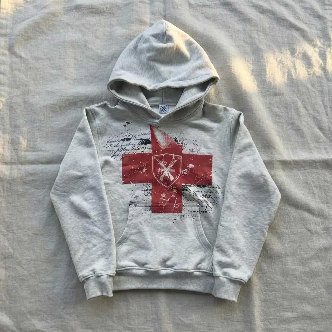 Hip Hop Safety Cross Print Hoodies Streetwear Sweatshirt Light Grey Pullover Harajuku Y2k Casual Hoodie Tracksuit Men Clothing Q260915