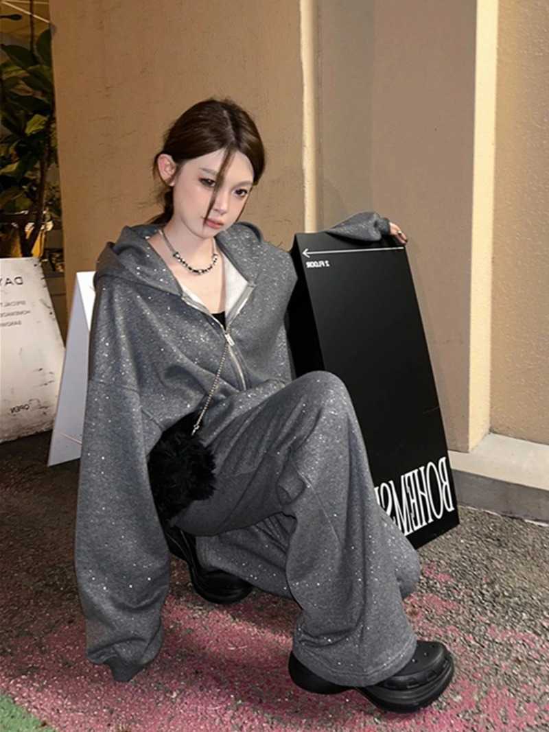 Fashion Korean Hooded Hoodies Sports Pants Two-piece Set Women Sequins Double Zipper Temperament Solid Loose College Spring Suit S260916JSOL
